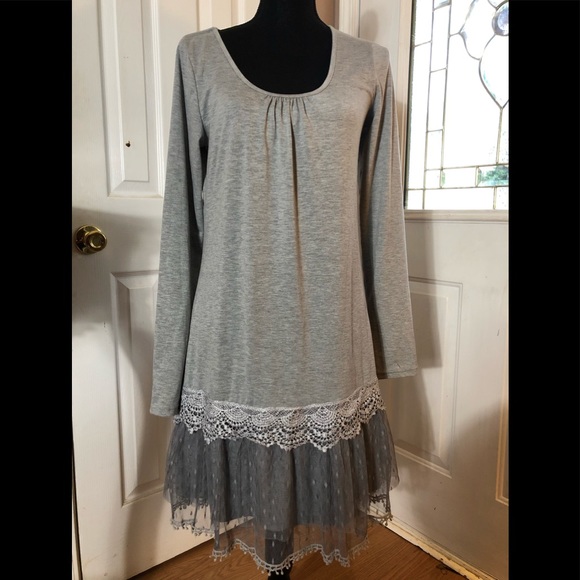 Ryu Gray Long Sleeve Tulle Slip Dress•Lace Hem•Size L - Picture 2 of 8